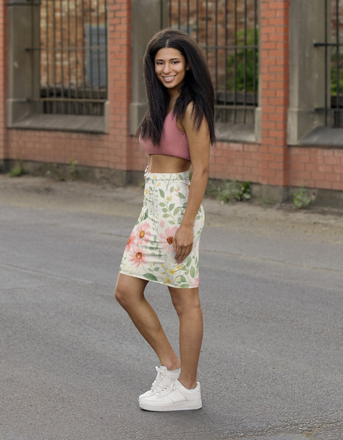 Load image into Gallery viewer, Pink Daisy Floral Pencil Skirt for Women | Soft Watercolor Spring Skirt | Feminine Garden Outfit | Elegant Mid-Waist Skirt

