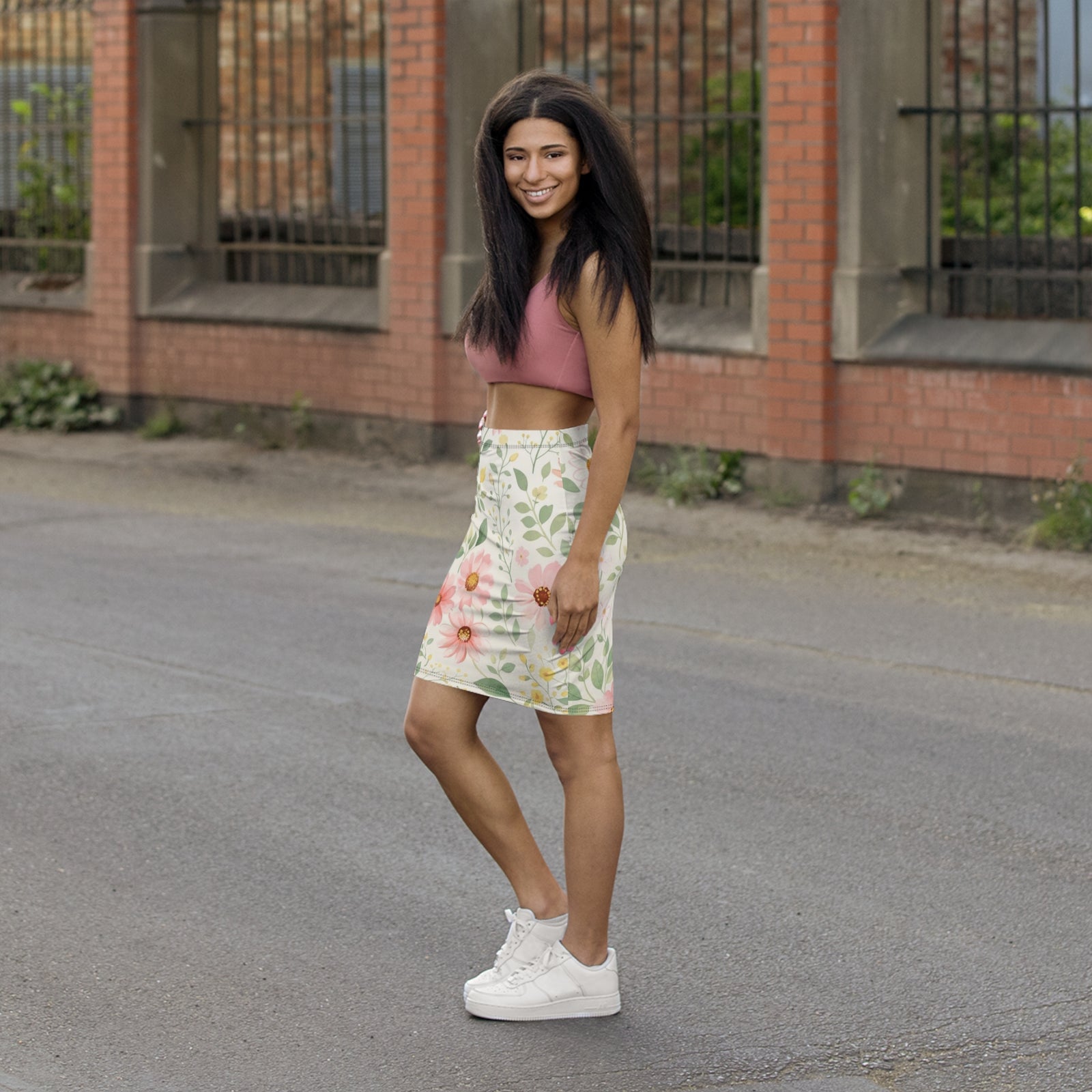 Pink Daisy Floral Pencil Skirt for Women | Soft Watercolor Spring Skirt | Feminine Garden Outfit | Elegant Mid-Waist Skirt