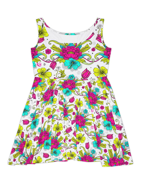 Load image into Gallery viewer, Vibrant Floral Skater Dress, Women’s Colorful Summer Sundress, Bold Boho Dress, Bright Garden Party Outfit, Statement Floral Dress
