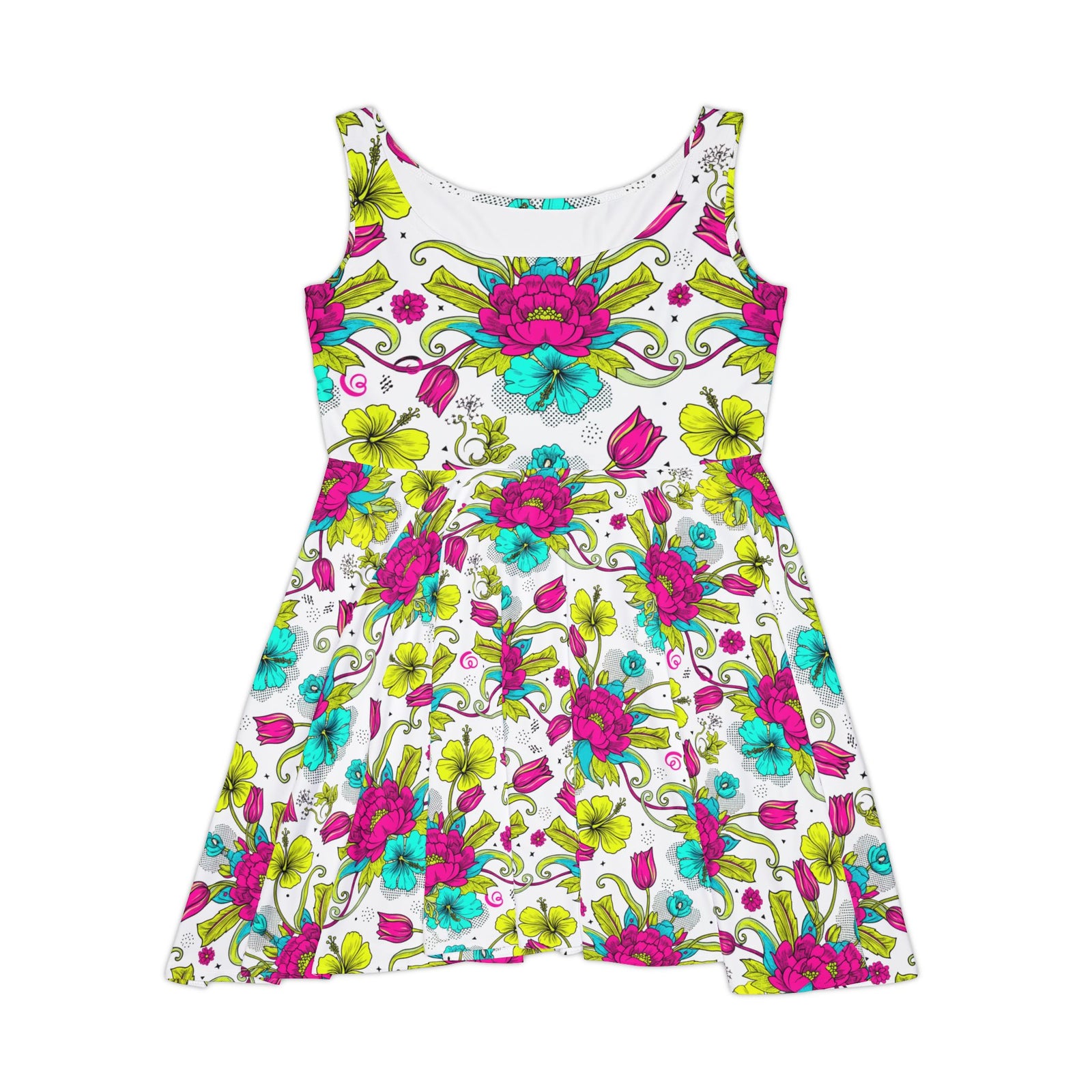 Vibrant Floral Skater Dress, Women’s Colorful Summer Sundress, Bold Boho Dress, Bright Garden Party Outfit, Statement Floral Dress