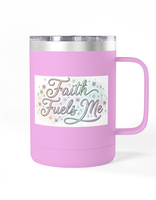 Load image into Gallery viewer, 15oz Insulated Coffee Tumbler Mug — "Faith Fuels Me" Pastel Star Design
