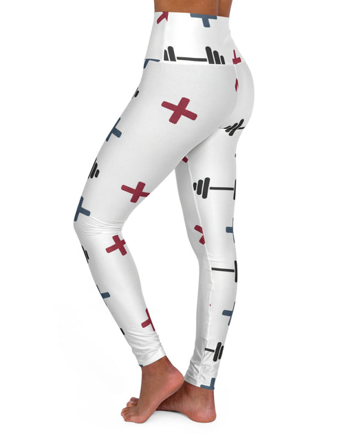 Load image into Gallery viewer, Fitness Barbell Print High-Waist Yoga Leggings — White Cross Pattern
