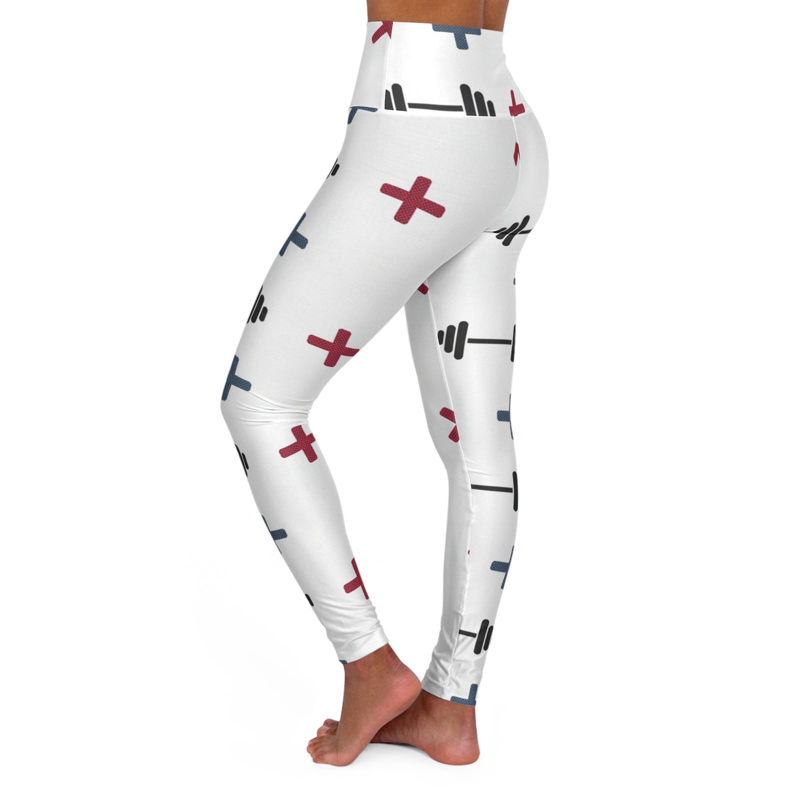 Fitness Barbell Print High-Waist Yoga Leggings — White Cross Pattern