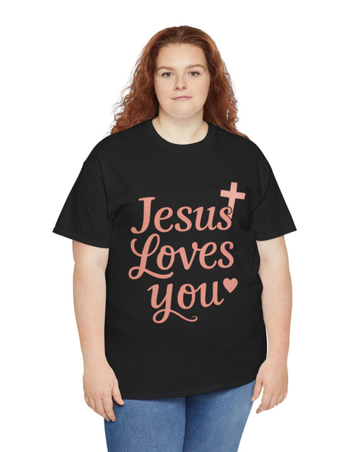 Load image into Gallery viewer, Jesus Loves You T-Shirt – Pink Script Faith Tee with Cross
