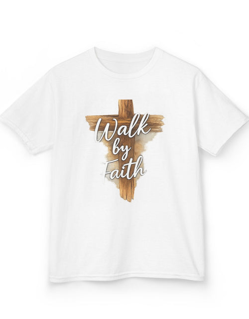 Load image into Gallery viewer, Kids Tee — 'Walk by Faith' Wooden Cross Christian Shirt
