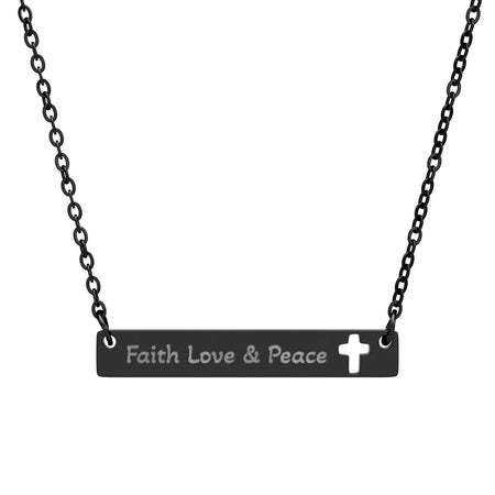 Cutout Cross Bar Necklace — "Faith, Love & Peace" Engraved Religious Pendant