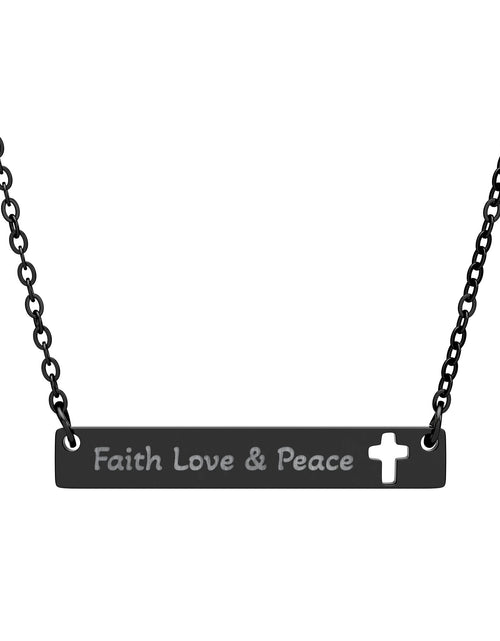 Load image into Gallery viewer, Cutout Cross Bar Necklace — "Faith, Love &amp; Peace" Engraved Religious Pendant
