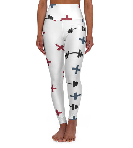 Fitness Barbell Print High-Waist Yoga Leggings — White Cross Pattern