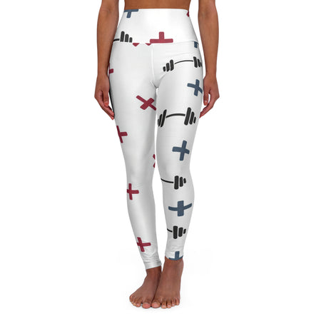 Fitness Barbell Print High-Waist Yoga Leggings — White Cross Pattern