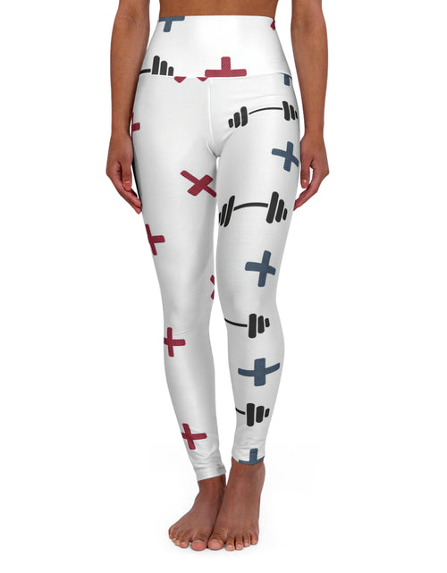 Load image into Gallery viewer, Fitness Barbell Print High-Waist Yoga Leggings — White Cross Pattern
