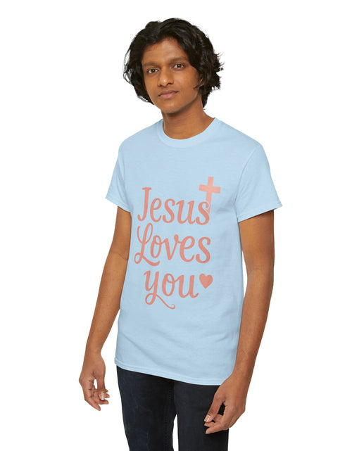 Load image into Gallery viewer, Jesus Loves You T-Shirt – Pink Script Faith Tee with Cross
