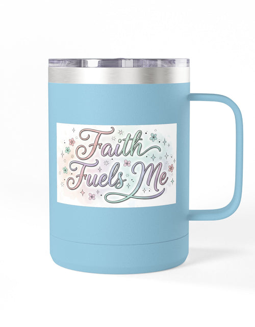 Load image into Gallery viewer, 15oz Insulated Coffee Tumbler Mug — "Faith Fuels Me" Pastel Star Design

