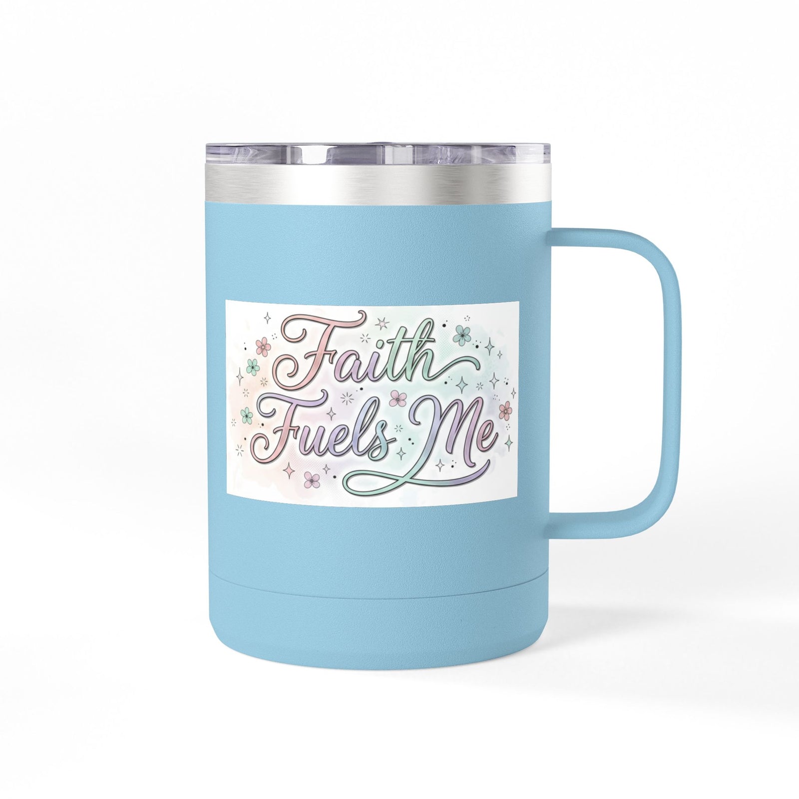 15oz Insulated Coffee Tumbler Mug — "Faith Fuels Me" Pastel Star Design