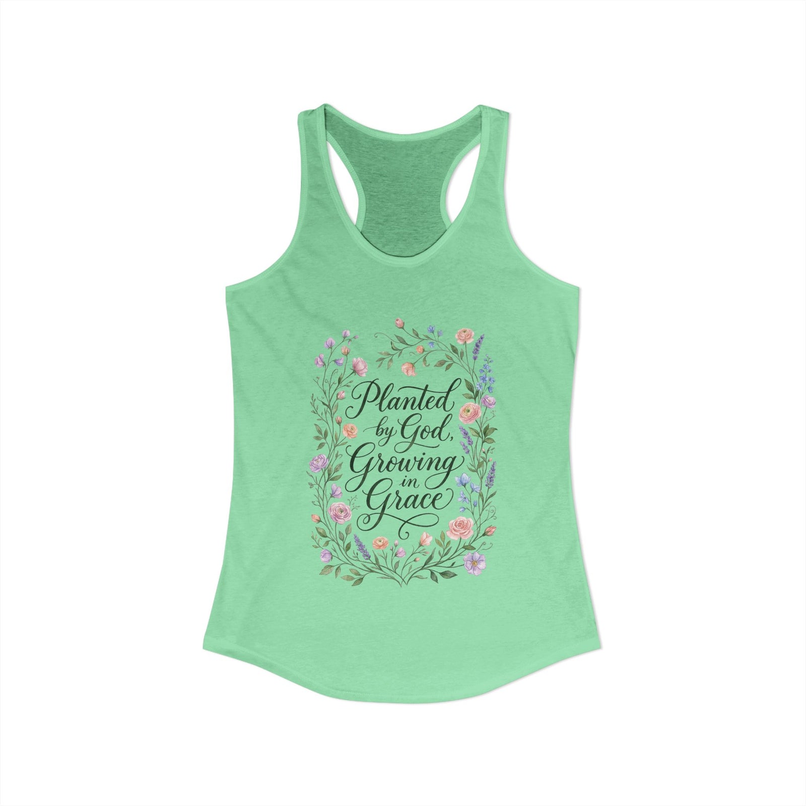 Planted by God Growing in Grace Racerback Tank – Christian Floral Tank Top for Women – Faith Based Summer Church Shirt – Inspirational Christian Gift