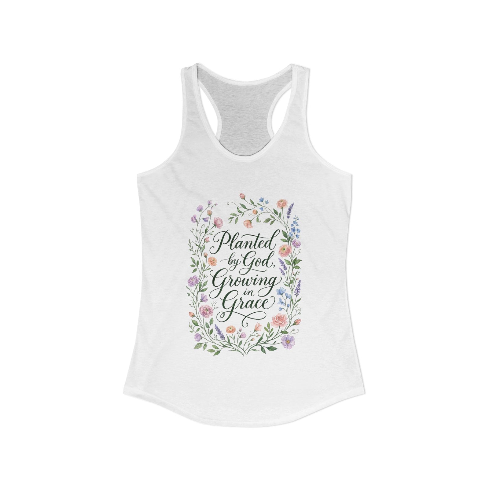 Planted by God Growing in Grace Racerback Tank – Christian Floral Tank Top for Women – Faith Based Summer Church Shirt – Inspirational Christian Gift