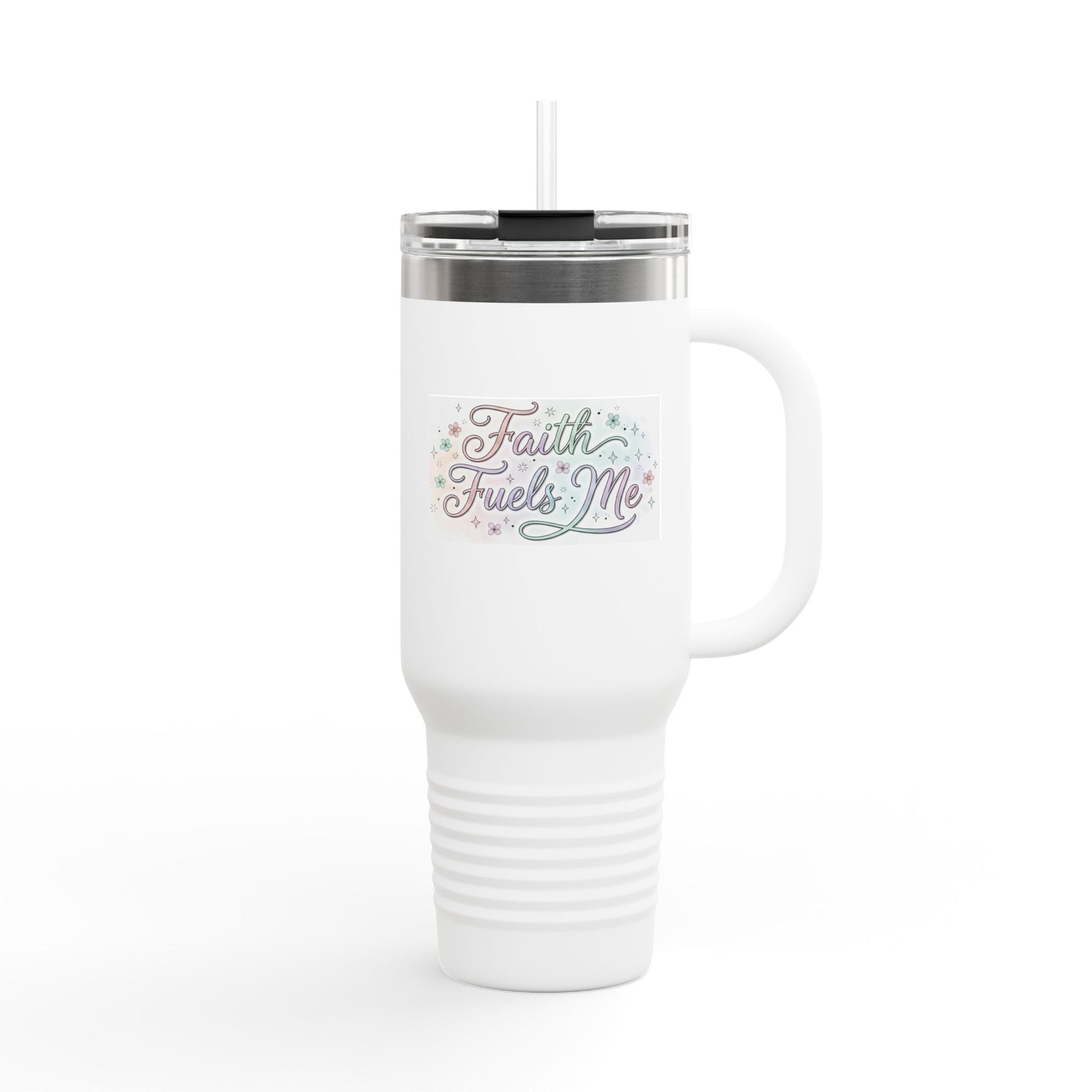 40oz Insulated Travel Mug — "Faith Fuels Me" Inspirational White Tumbler