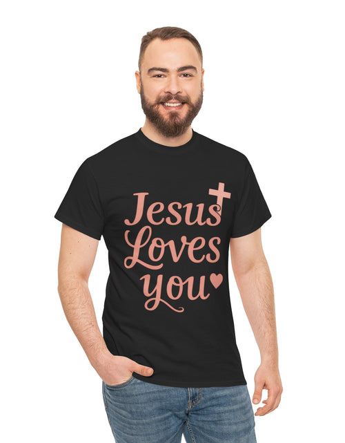 Load image into Gallery viewer, Jesus Loves You T-Shirt – Pink Script Faith Tee with Cross
