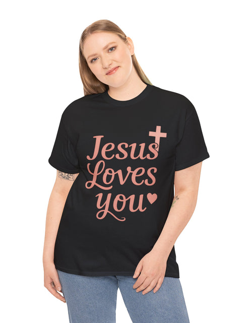 Load image into Gallery viewer, Jesus Loves You T-Shirt – Pink Script Faith Tee with Cross
