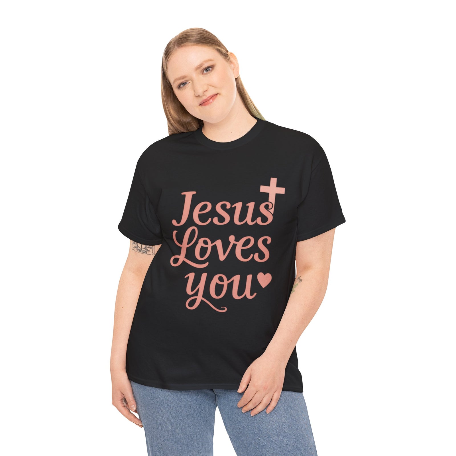 Jesus Loves You T-Shirt – Pink Script Faith Tee with Cross