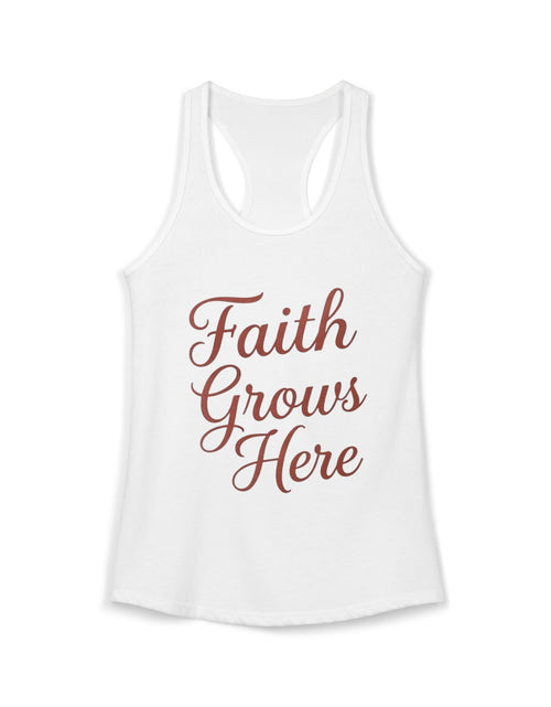 Load image into Gallery viewer, Faith Grows Here Women’s Racerback Tank, Christian Inspirational Tank Top, Faith-Based Apparel, Minimalist Scripture Style Top, Everyday Encouragement Shirt
