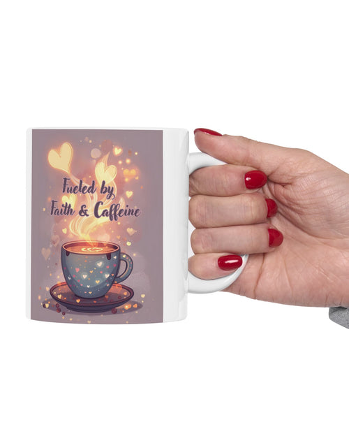 Load image into Gallery viewer, Faith And Coffee Fuels Me Ceramic Mug — Inspirational Heart Fairy Coffee Lovers Cup 11 oz &amp; 15 oz
