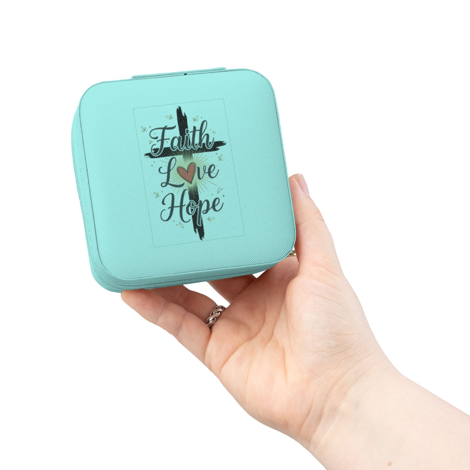 Faith Jewelry Travel Case – Cute Compact Organizer with 'Faith Love Hope' Design For Women and girls