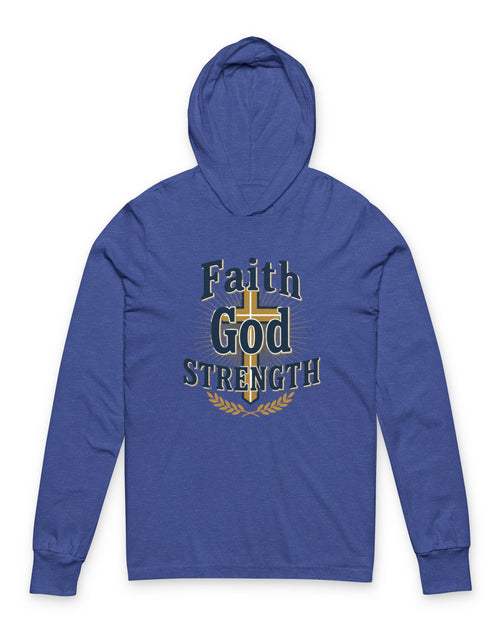 Load image into Gallery viewer, Faith God Strength Hooded Long Sleeve Tee — Christian Inspirational Hoodie Tee
