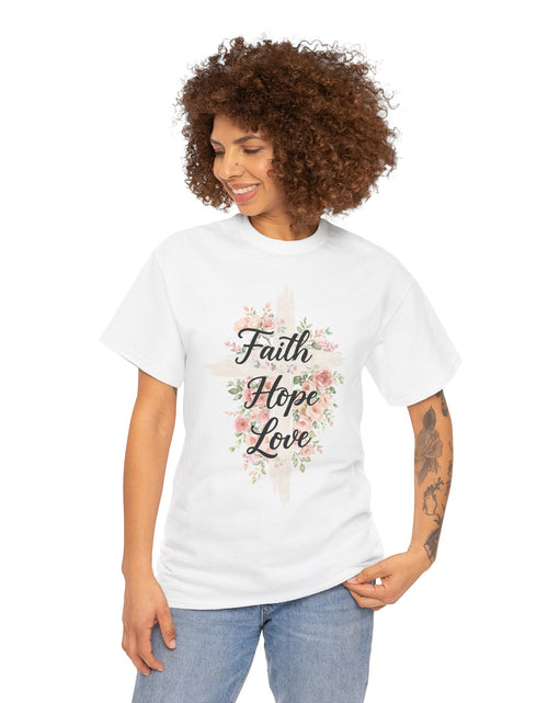Load image into Gallery viewer, Faith Hope Love T-Shirt — Floral Cross Christian Tee for Women
