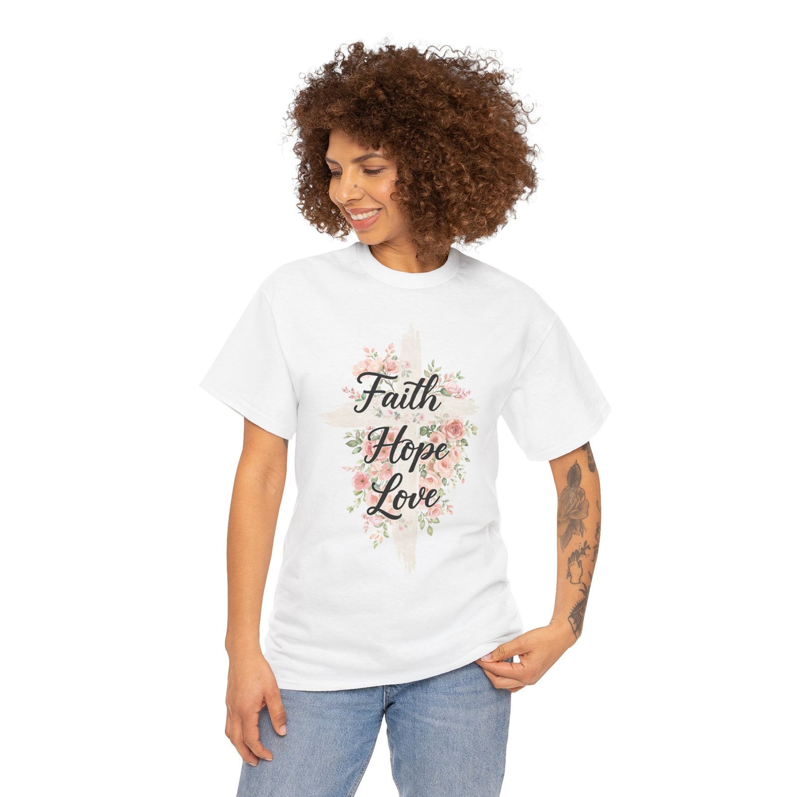 Faith Hope Love T-Shirt — Floral Cross Christian Tee for Women