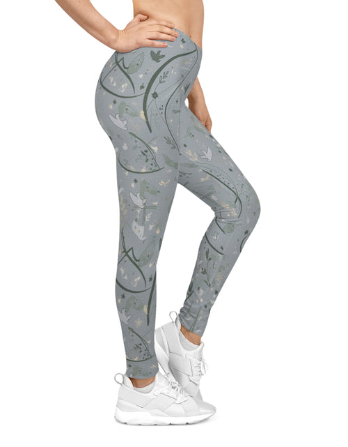Load image into Gallery viewer, Faith Dove Floral Print Leggings — Soft Gray All-Over Patterned Women's &amp; Girls Leggings
