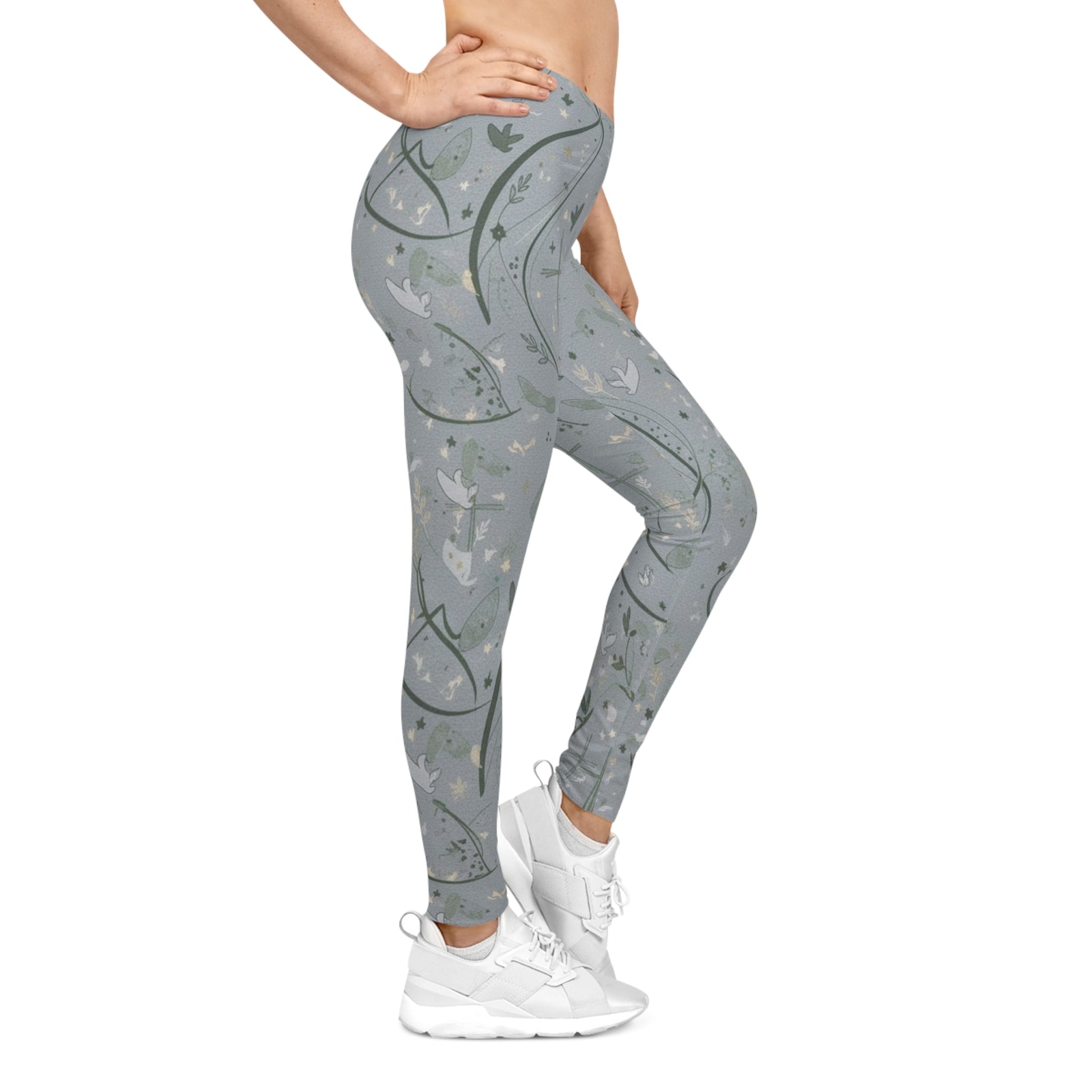 Faith Dove Floral Print Leggings — Soft Gray All-Over Patterned Women's & Girls Leggings