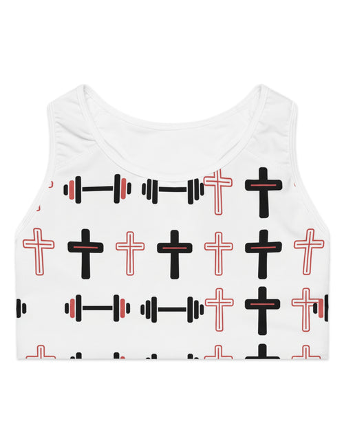 Load image into Gallery viewer, Cross &amp; Barbell Sports Bra — Faith Fitness Patterned Athletic Crop For Women &amp; Girls
