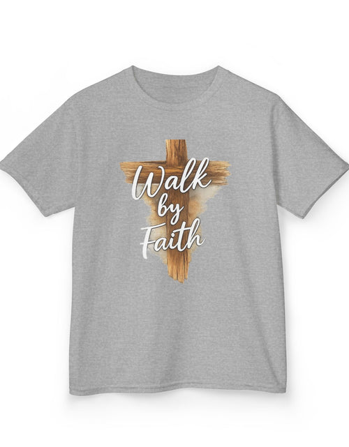 Load image into Gallery viewer, Kids Tee — 'Walk by Faith' Wooden Cross Christian Shirt
