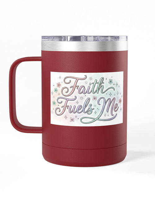 Load image into Gallery viewer, 15oz Insulated Coffee Tumbler Mug — "Faith Fuels Me" Pastel Star Design
