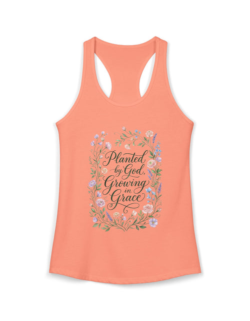 Load image into Gallery viewer, Planted by God Growing in Grace Racerback Tank – Christian Floral Tank Top for Women – Faith Based Summer Church Shirt – Inspirational Christian Gift
