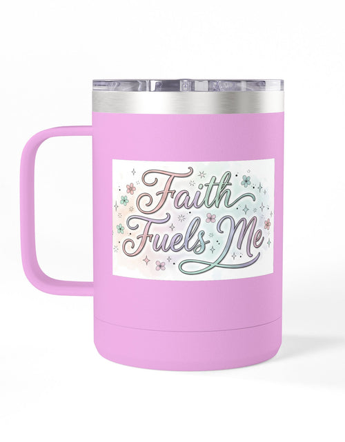 Load image into Gallery viewer, 15oz Insulated Coffee Tumbler Mug — "Faith Fuels Me" Pastel Star Design
