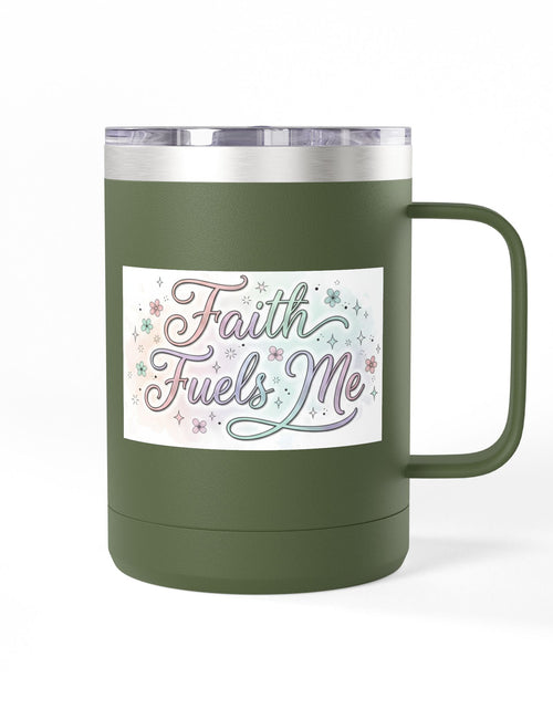 Load image into Gallery viewer, 15oz Insulated Coffee Tumbler Mug — "Faith Fuels Me" Pastel Star Design
