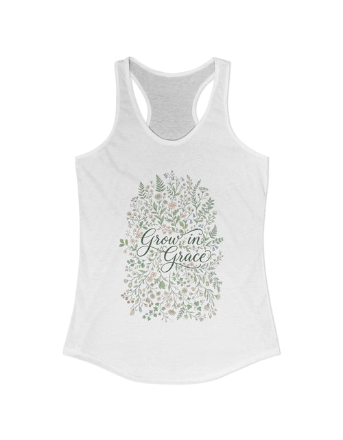 Load image into Gallery viewer, Grow in Grace Christian Racerback Tank – Floral Faith Tank Top for Women – Inspirational Church Summer Tank – Christian Gift for Her
