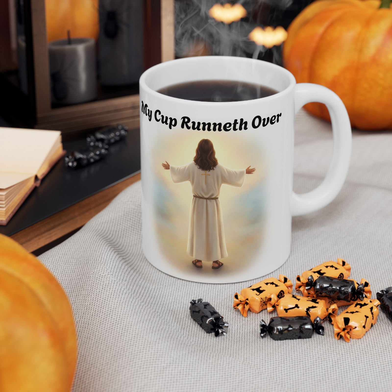 With Him My Cup Runneth Over – Jesus Coffee Mug | Christian Coffee Lover Gift | Faith & Humor Mug 11 oz & 15 oz