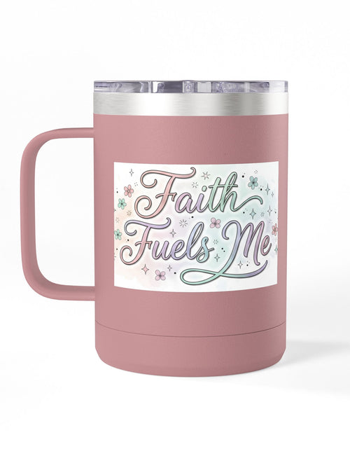 Load image into Gallery viewer, 15oz Insulated Coffee Tumbler Mug — "Faith Fuels Me" Pastel Star Design
