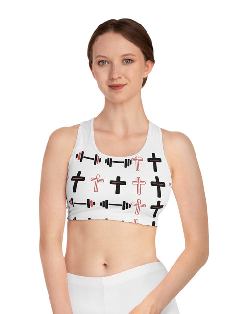Load image into Gallery viewer, Cross &amp; Barbell Sports Bra — Faith Fitness Patterned Athletic Crop For Women &amp; Girls

