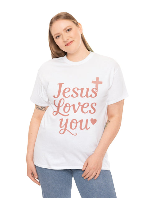 Load image into Gallery viewer, Jesus Loves You T-Shirt – Pink Script Faith Tee with Cross
