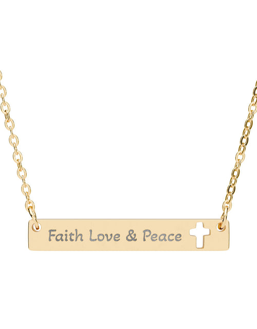 Load image into Gallery viewer, Cutout Cross Bar Necklace — "Faith, Love &amp; Peace" Engraved Religious Pendant
