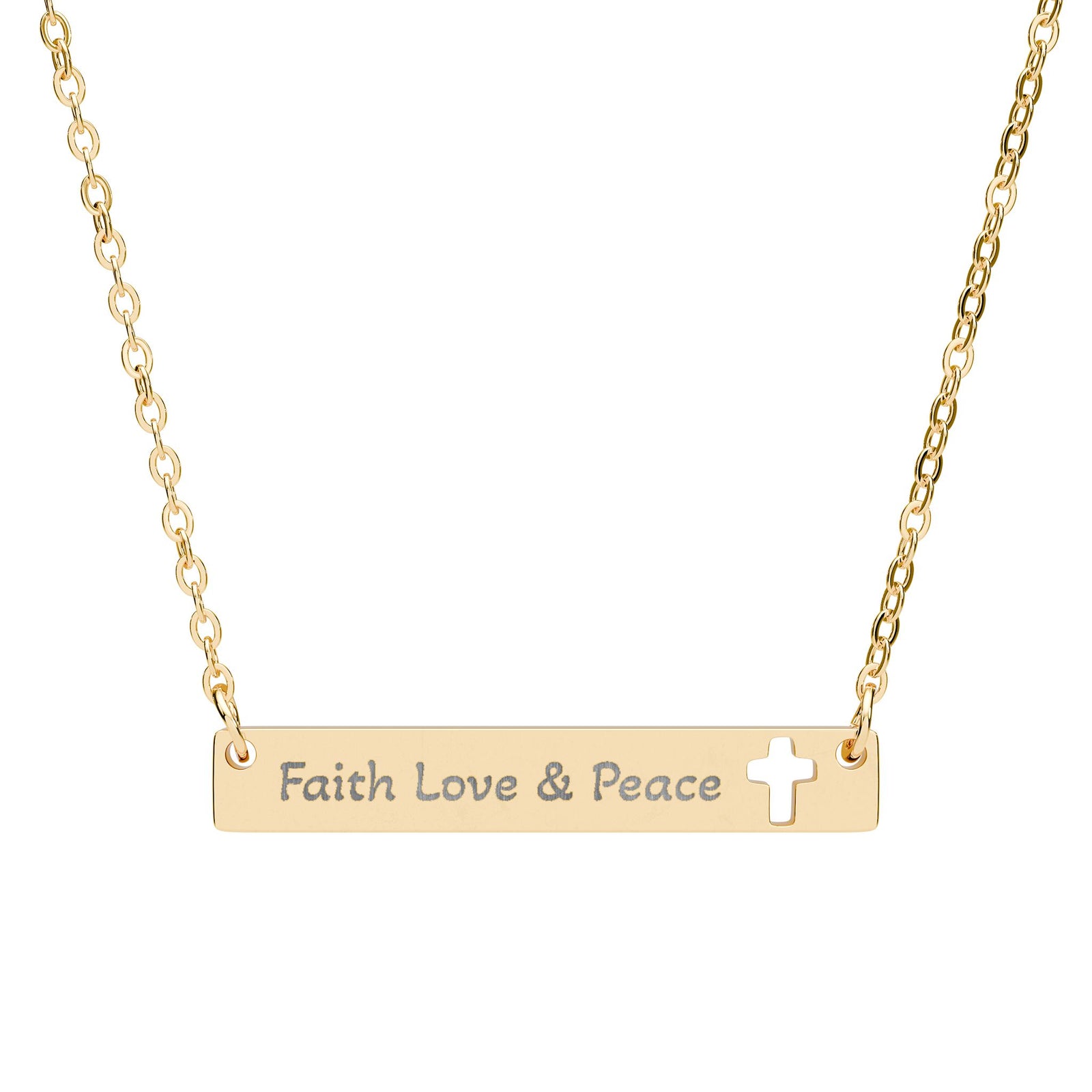 Cutout Cross Bar Necklace — "Faith, Love & Peace" Engraved Religious Pendant
