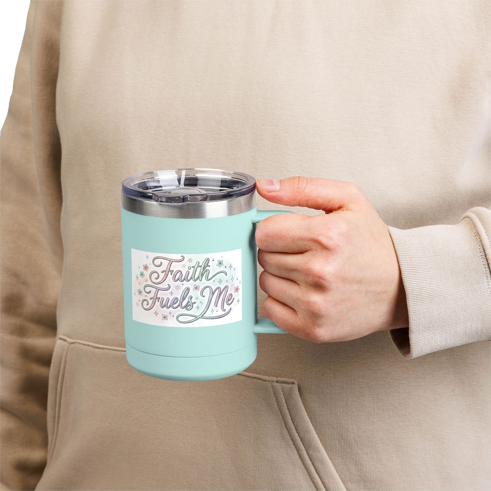 15oz Insulated Coffee Tumbler Mug — "Faith Fuels Me" Pastel Star Design