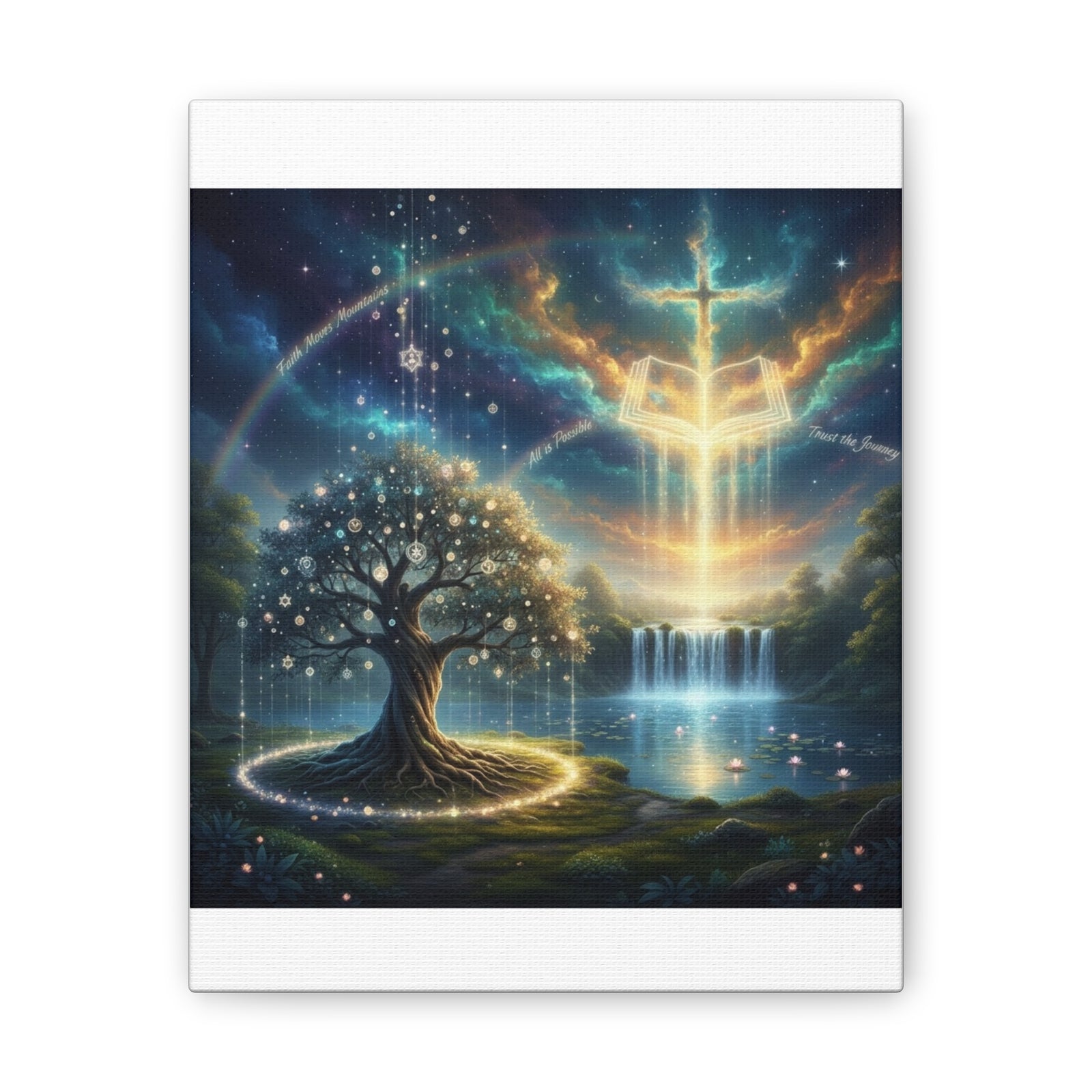 Spiritual Tree of Life Canvas Art — Mystical Cross & Waterfall Stretched Canvas - Home Decor