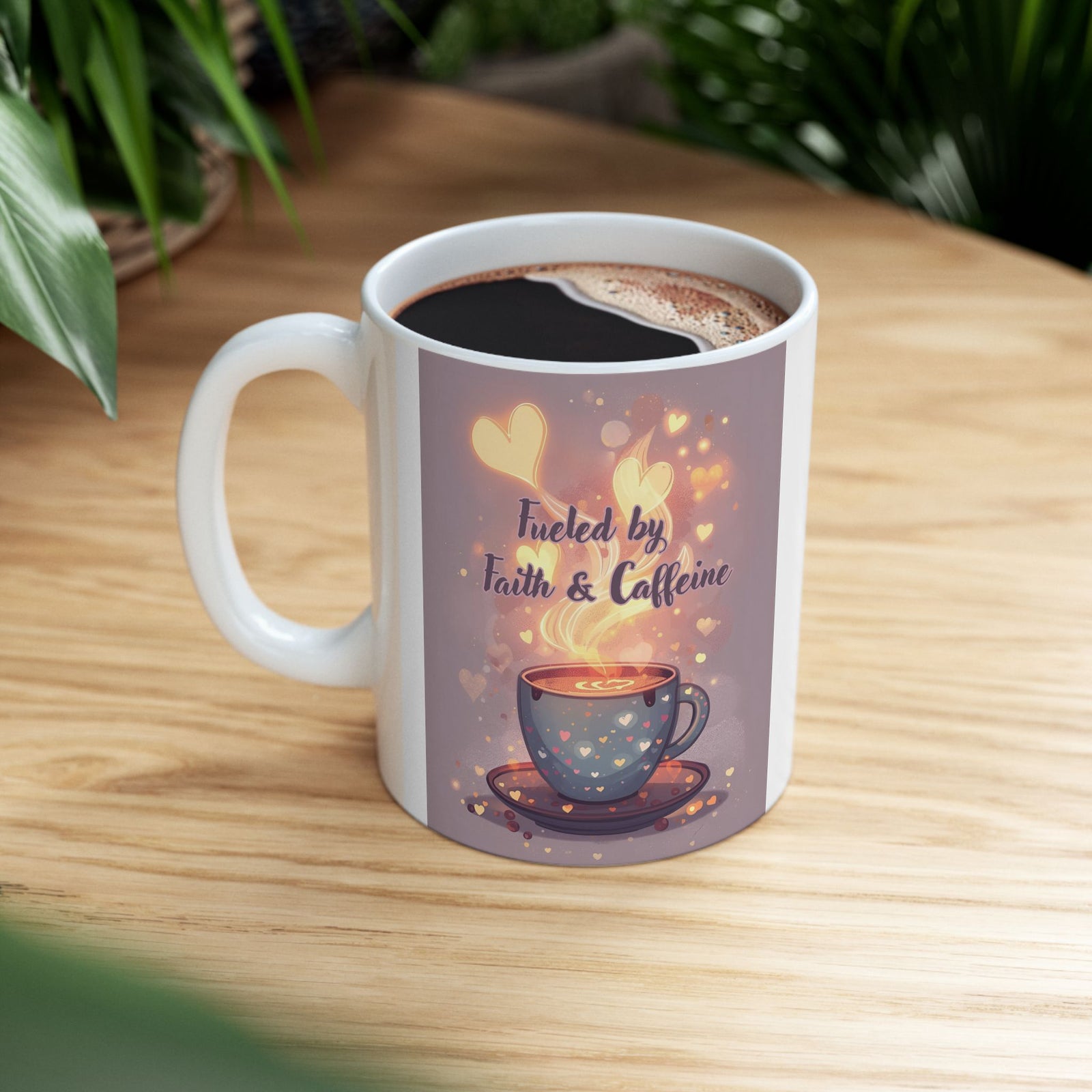 Faith And Coffee Fuels Me Ceramic Mug — Inspirational Heart Fairy Coffee Lovers Cup 11 oz & 15 oz