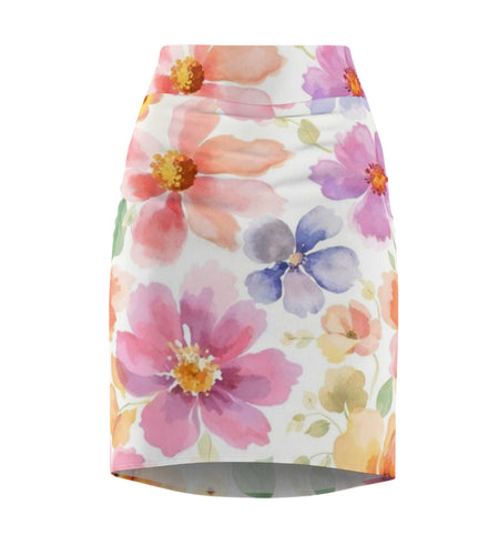 Watercolor Floral Pencil Skirt for Women | Pink Spring Garden Skirt | Feminine Pastel Outfit | Mid-Waist AOP Skirt