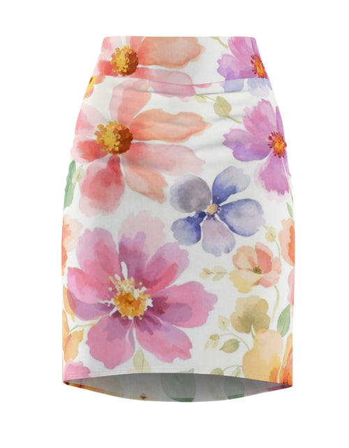 Load image into Gallery viewer, Watercolor Floral Pencil Skirt for Women | Pink Spring Garden Skirt | Feminine Pastel Outfit | Mid-Waist AOP Skirt
