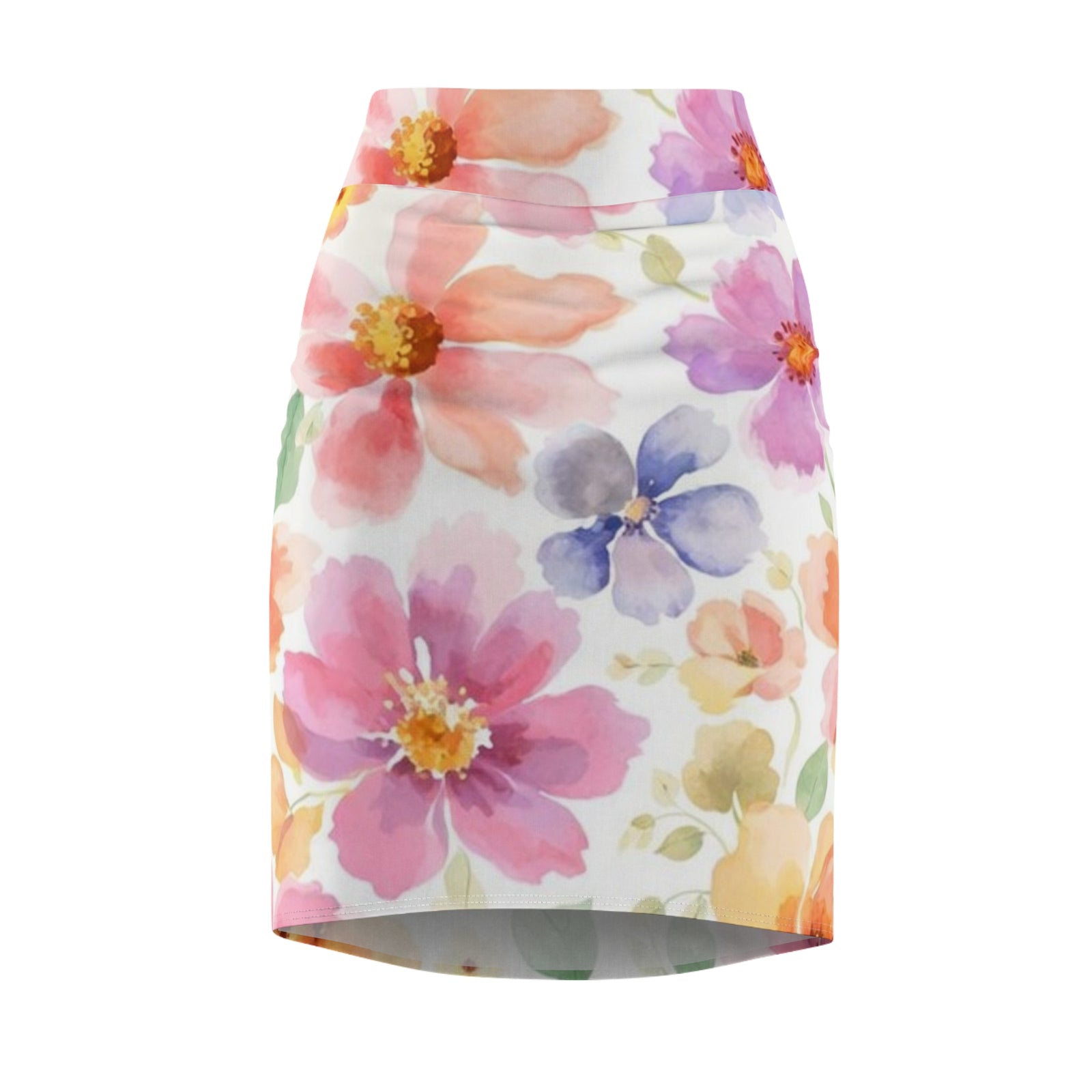 Watercolor Floral Pencil Skirt for Women | Pink Spring Garden Skirt | Feminine Pastel Outfit | Mid-Waist AOP Skirt